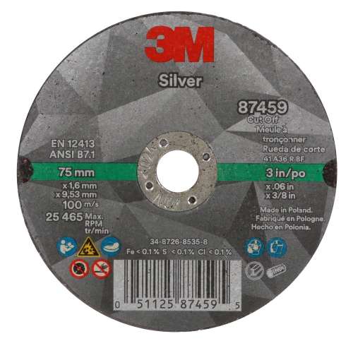 7100139210 Silver Cut-Off Wheel, 87459, T1, 3 in x .060 in x 3/8 in, 50 ea/Case