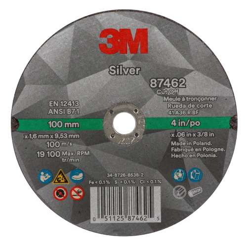 7100139215 Silver Cut-Off Wheel, 87462, T1, 4 in x .060 in x 3/8 in, 50 ea/Case