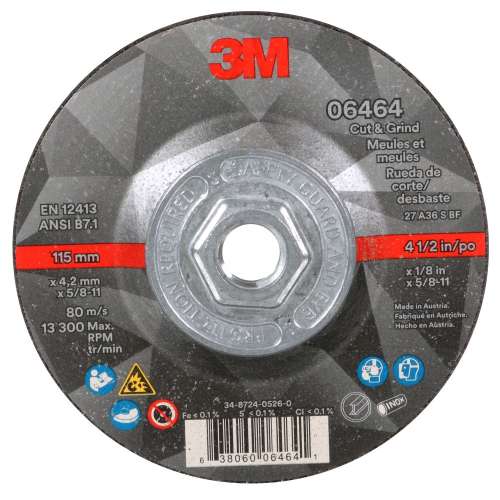 7100245014 Cut & Grind Wheel, 06464, 36+, T27 Quick Change, 4.5 in x 1/8 in x 5/8 in-11, 10/Carton, 20 ea/Case