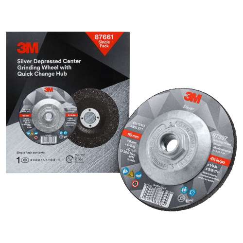 7100256472 Silver Depressed Center Grinding Wheel, 87661, T27 Quick Change, 4.5 in x 1/4 in x 5/8-11 in, Single Pack, 10 ea/Case