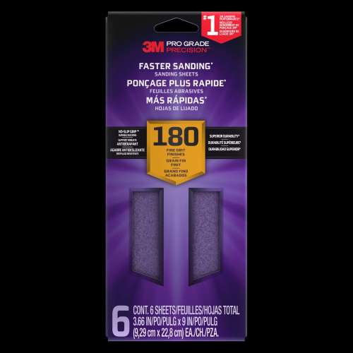 7100299616 Pro Grade Precision™ Faster Sanding Sheets w/ NO-SLIP GRIP™ Backing,SHTR180-PGP-6T,3 2/3 in x 9 in, 180 Gr, 6 Shts/pk
