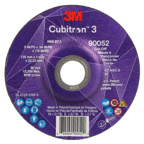 7100303856 Cubitron™ 3 Cut-Off Wheel, 90052, 60+, T27, 5 in x 0.04 in x 7/8 in (125 x 1 x 22.23 mm), ANSI, 25/Pack, 50 ea/Case