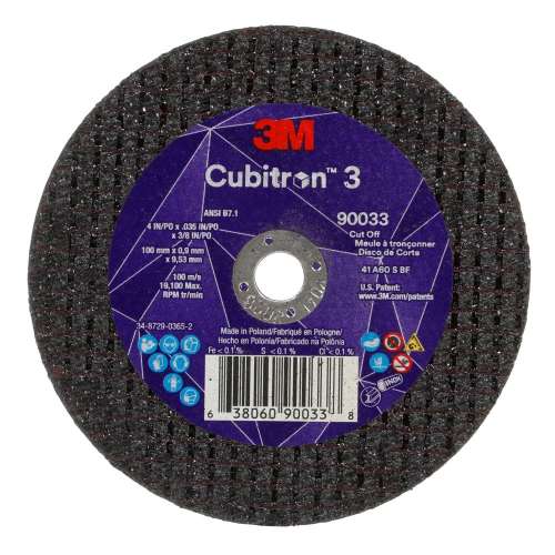 7100303857 Cubitron™ 3 Cut-Off Wheel, 90033, 60+, T1, 4 in x 0.035 in x 3/8 in (100 x 0.9 x 9.53 mm), ANSI, 25/Pack, 50 ea/Case