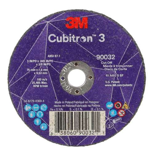 7100303858 Cubitron™ 3 Cut-Off Wheel, 90032, 60+, T1, 3 in x 0.045 in x 3/8 in (75 x 1.6 x 9.53 mm), ANSI, 25/Pack, 50 ea/Case
