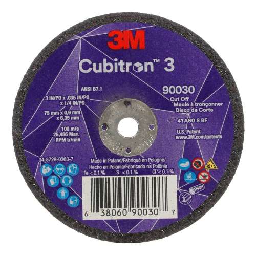 7100303860 Cubitron™ 3 Cut-Off Wheel, 90030, 60+, T1, 3 in x 0.035 in x 1/4 in (75 x 0.9 x 6.35 mm), ANSI, 25/Pack, 50 ea/Case