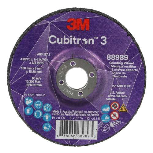 7100303964 Cubitron™ 3 Depressed Center Grinding Wheel, 88989, 36+, T27, 4 in x 1/4 in x 5/8 in (100x6x15.88mm) ANSI, 10/Pack, 20 ea/Case