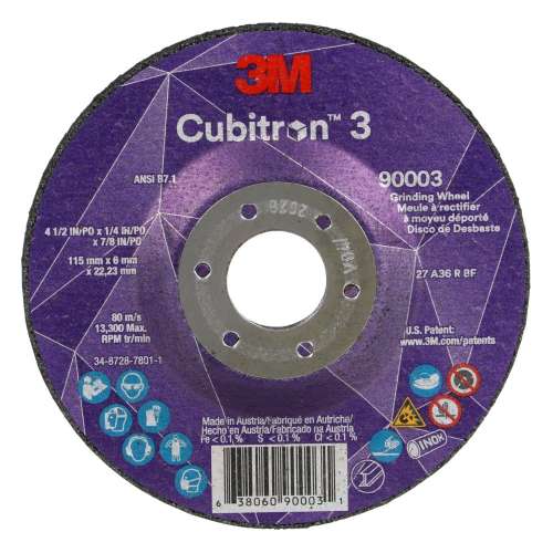 7100303966 Cubitron™ 3 Depressed Center Grinding Wheel, 90003, 36+, T27, 4-1/2 in x 1/4 in x7/8 in (11x6x22.23) ANSI, 10/Pack, 20 ea/Case