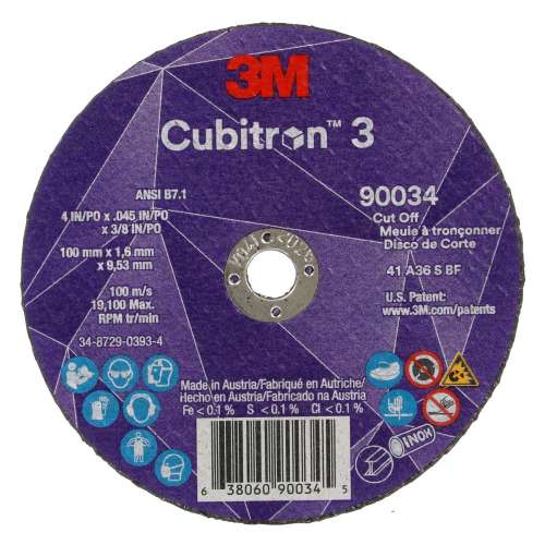 7100304004 Cubitron™ 3 Cut-Off Wheel, 90034, 36+, T1, 4 in x 0.045 in x 3/8 in (100 x 1.6 x 9.53 mm), ANSI, 25/Pack, 50 ea/Case
