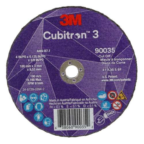 7100304005 Cubitron™ 3 Cut-Off Wheel, 90035, 36+, T1, 4 in x 1/8 in x 3/8 in (100 x 3 x 9.53 mm), ANSI, 25/Pack, 50 ea/Case