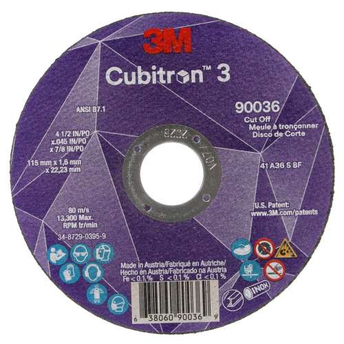 7100304006 Cubitron™ 3 Cut-Off Wheel, 90036, 36+, T1, 4-1/2 in x 0.045 in x 7/8 in (115 x 1.6 x 22.23 mm), ANSI, 25/Pack, 50 ea/Case