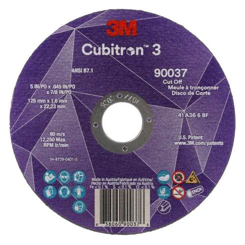 7100304007 Cubitron™ 3 Cut-Off Wheel, 90037, 36+, T1, 5 in x 0.045 in x 7/8 in (125 x 1.6 x 22.23 mm), ANSI, 25/Pack, 50 ea/Case