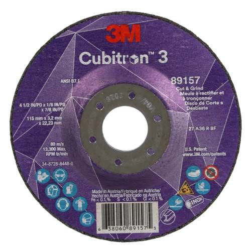7100305149 Cubitron™ 3 Cut and Grind Wheel, 89157, 36+, T27, 4-1/2 in x 1/8 in x 7/8 in (115 x 3.2 x 22.23 mm), ANSI, 10/Pack, 20 ea/Case