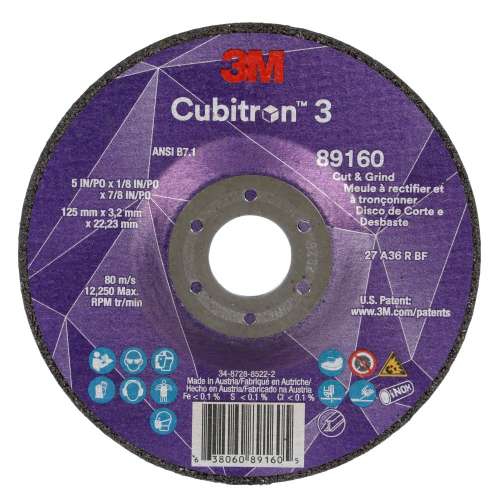 7100305151 Cubitron™ 3 Cut and Grind Wheel, 89160, 36+, T27, 5 in x 1/8 in x 7/8 in (125 x 3.2 x 22.23 mm), ANSI, 10/Pack, 20 ea/Case