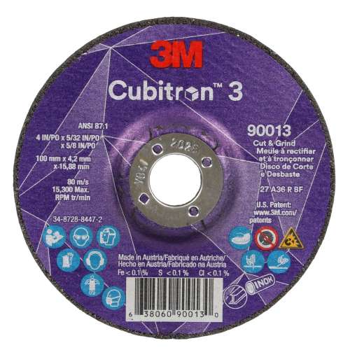 7100305443 Cubitron™ 3 Cut and Grind Wheel, 90013, 36+, T27, 4 in x 5/32 in x 5/8 in (100 x 4.2 x 15.88 mm), ANSI, 10/Pack, 20 ea/Case