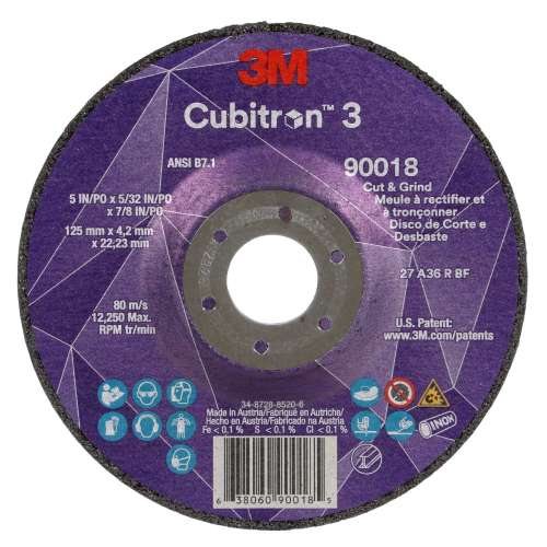 7100305444 Cubitron™ 3 Cut and Grind Wheel, 90018, 36+, T27, 5 in x 5/32 in x7/8 in (125 x 4.2 x 22.23 mm), ANSI, 10/Pack, 20 ea/Case