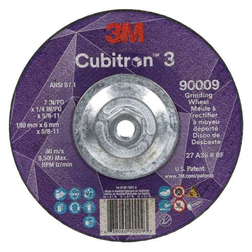 7100312965 Cubitron™ 3 Depressed Center Grinding Wheel, 90009, 36+, T27, 7 in x 1/4 in x 5/8 in-11 (180x6mmx5/8-11in), ANSI, 10 ea/Case
