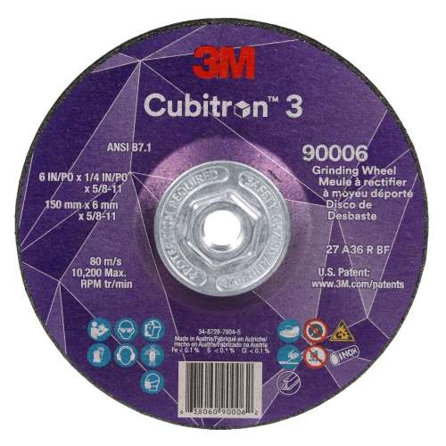 7100312966 Cubitron™ 3 Depressed Center Grinding Wheel, 90006, 36+, T27, 6 in x 1/4 in x 5/8 in-11 (150x6mmx5/8-11in), ANSI, 10 ea/Case