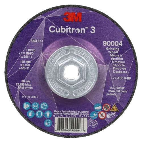 7100312967 Cubitron™ 3 Depressed Center Grinding Wheel, 90004, 36+, T27, 5 in x 1/4 in x 5/8 in-11 (125x6mmx5/8-11in), ANSI, 10 ea/Case