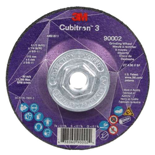 7100312968 Cubitron™ 3 Depressed Center Grinding Wheel, 90002, 36+, T27, 4-1/2 in x 1/4 in x 5/8 in-11(115x6mmx5/8-11in) ANSI, 10 ea/Case
