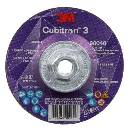 7100313192 Cubitron™ 3 Cut-Off Wheel, 90040, 36+, T27, 4-1/2 in x 0.045 in x 5/8 in-11 (115 x 1.6 mm x 5/8-11 in), ANSI, 10 ea/Case