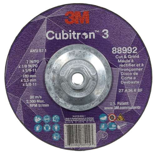 7100313195 Cubitron™ 3 Cut and Grind Wheel, 88992, 36+, T27, 7 in x 1/8 in x 5/8 in-11 (180 x 3.2 mm x 5/8-11 in), ANSI, 10 ea/Case