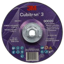 7100313196 Cubitron™ 3 Cut and Grind Wheel, 90020, 36+, T27, 6 in x 5/32 in x 5/8 in-11 (150 x 4.2 mm x 5/8-11 in), ANSI, 10 ea/Case