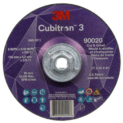 7100313196 Cubitron™ 3 Cut and Grind Wheel, 90020, 36+, T27, 6 in x 5/32 in x 5/8 in-11 (150 x 4.2 mm x 5/8-11 in), ANSI, 10 ea/Case