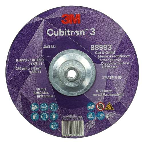 7100313197 Cubitron™ 3 Cut and Grind Wheel, 88993, 36+, T27, 9 in x 1/8 in x 5/8 in-11 (230 x 3.2 mm x 5/8-11 in), ANSI, 10 ea/Case