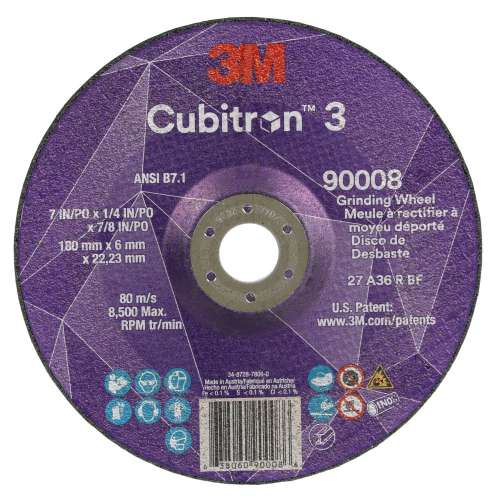 7100313198 Cubitron™ 3 Depressed Center Grinding Wheel, 90008, 36+, T27, 7 in x 1/4 in x 7/8 in (180x6x22.23mm) ANSI, 10/Pack, 20 ea/Case