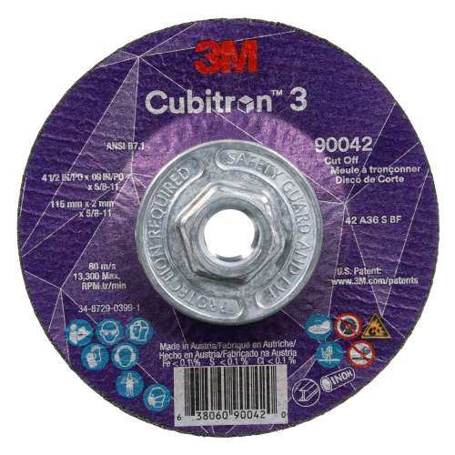 7100313200 Cubitron™ 3 Cut-Off Wheel, 90042, 36+, T27, 4-1/2 in x 0.09 in x 5/8 in-11 (115 x 2 mm x 5/8-11 in), ANSI, 10 ea/Case