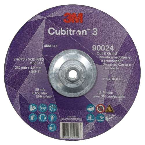 7100313203 Cubitron™ 3 Cut and Grind Wheel, 90024, 36+, T27, 9 in x 5/32 in x 5/8 in-11 (230 x 4.2 mm x 5/8-11 in), ANSI, 10 ea/Case
