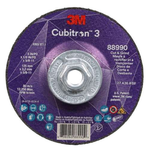 7100313204 Cubitron™ 3 Cut and Grind Wheel, 88990, 36+, T27, 5 in x 1/8 in x 5/8 in-11 (125 x 3.2 mm x 5/8-11 in), ANSI, 10 ea/Case