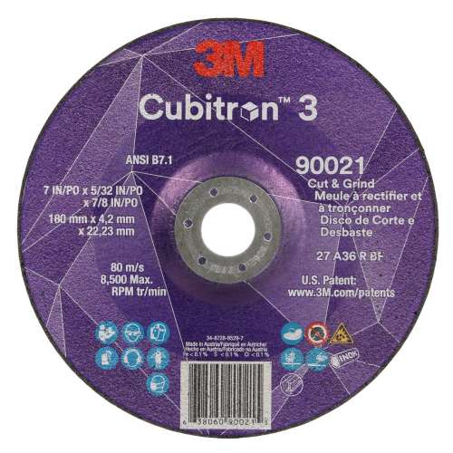 7100313206 Cubitron™ 3 Cut and Grind Wheel, 90021, 36+, T27, 7 in x 5/32 in x 7/8 in (180 x 4.2 x 22.23 mm), ANSI, 10/Pack, 20 ea/Case
