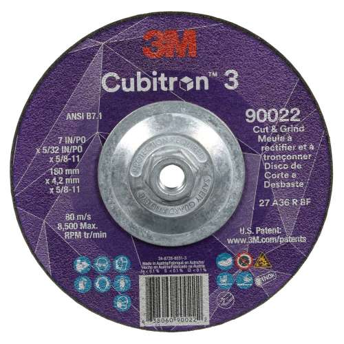 7100313551 Cubitron™ 3 Cut and Grind Wheel, 90022, 36+, T27, 7 in x 5/32 in x 5/8 in-11 (180 x 4.2 mm x 5/8-11 in), ANSI, 10 ea/Case