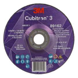 7100313586 Cubitron™ 3 Cut and Grind Wheel, 89162, 36+, T27, 6 in x 1/8 in x 7/8 in (150 x 3.2 x 22.23 mm), ANSI, 10/Pack, 20 ea/Case