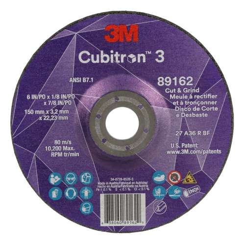 7100313586 Cubitron™ 3 Cut and Grind Wheel, 89162, 36+, T27, 6 in x 1/8 in x 7/8 in (150 x 3.2 x 22.23 mm), ANSI, 10/Pack, 20 ea/Case
