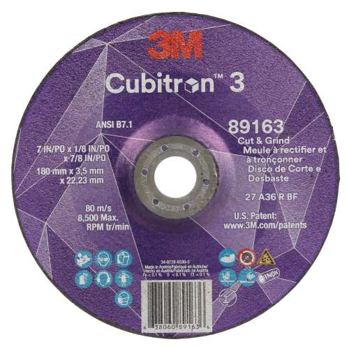 7100313588 Cubitron™ 3 Cut and Grind Wheel, 89163, 36+, T27, 7 in x 1/8 in x 7/8 in (180 x 3.2 x 22.23 mm), ANSI, 10/Pack, 20 ea/Case
