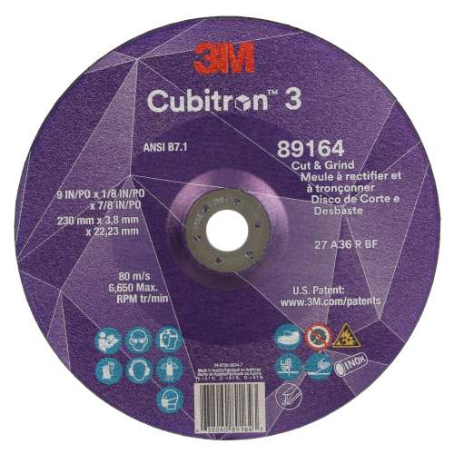 7100313759 Cubitron™ 3 Cut and Grind Wheel, 89164, 36+, T27, 9 in x 1/8 in x 7/8 in (230 x 3.2 x 22.23 mm), ANSI, 10/Pack, 20 ea/Case