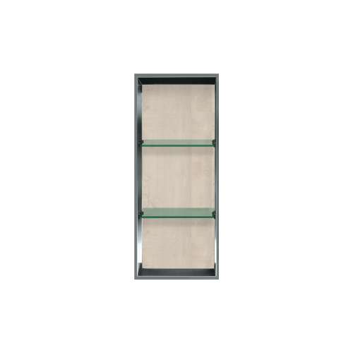 SMSTV3414-BS45B 14-in x 4-in x 34-in Recessed Stainless Steel Vertical Shower Storage Pod With Two Shelves, Brushed Stainless With Back Lined In Washed Oak