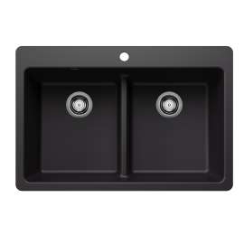 Liven SILGRANIT 33" 50/50 Double Bowl Dual Mount Kitchen Sink with Low Divide - Coal Black, 443202
