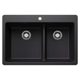 Liven SILGRANIT 33" 60/40 Double Bowl Dual Mount Kitchen Sink with Low Divide - Coal Black, 443210