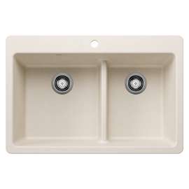 Liven SILGRANIT 33" 60/40 Double Bowl Dual Mount Kitchen Sink with Low Divide - Soft White, 443217
