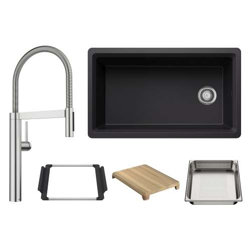 Inteos 443311-527472 33-in Undermount Single Bowl SILGRANIT Workstation Kitchen Sink and Faucet Included in Coal Black