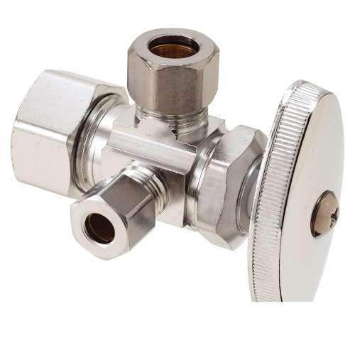 1/2 in. Nom Comp x 3/8 in. O.D. Comp x 1/4 in. O.D. Comp x Compression - Angle Dual Outlet, Dual Shut-Off Stop