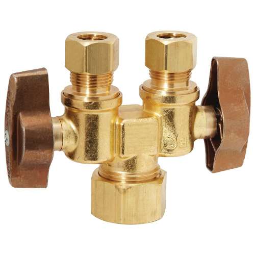 1/2 in. Nom Comp x 3/8 in. O.D. Comp x 3/8 in. O.D. Comp - Straight Dual Outlet, Dual Shut-Off Stop
