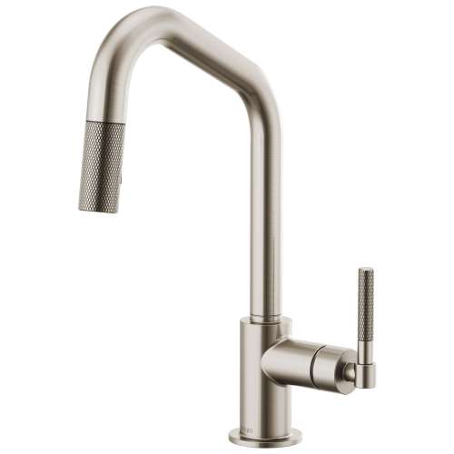 Pull-Down Faucet with Angled Spout and Knurled Handle in Stainless Finish