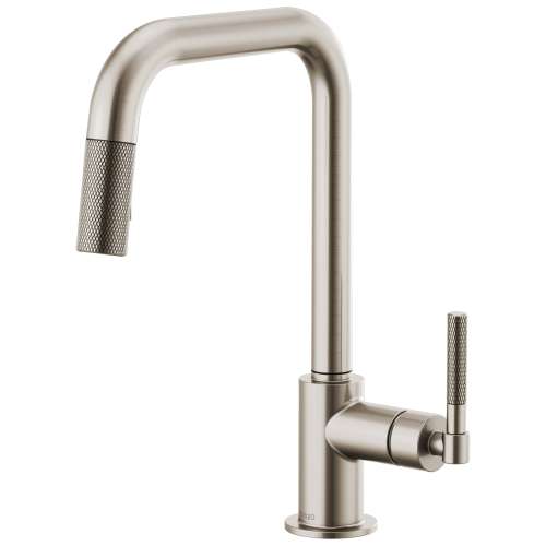 Pull-Down Faucet with Square Spout and Knurled Handle in Stainless Finish