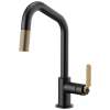 Pull-Down Faucet with Angled Spout and Industrial Handle in Matte Black/Luxe Gold Finish