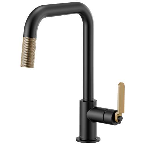 Pull-Down Faucet with Square Spout and Industrial Handle in Matte Black/Luxe Gold Finish