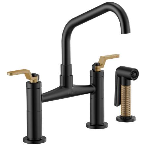 Bridge Faucet with Angled Spout and Industrial Handle in Matte Black/Luxe Gold Finish